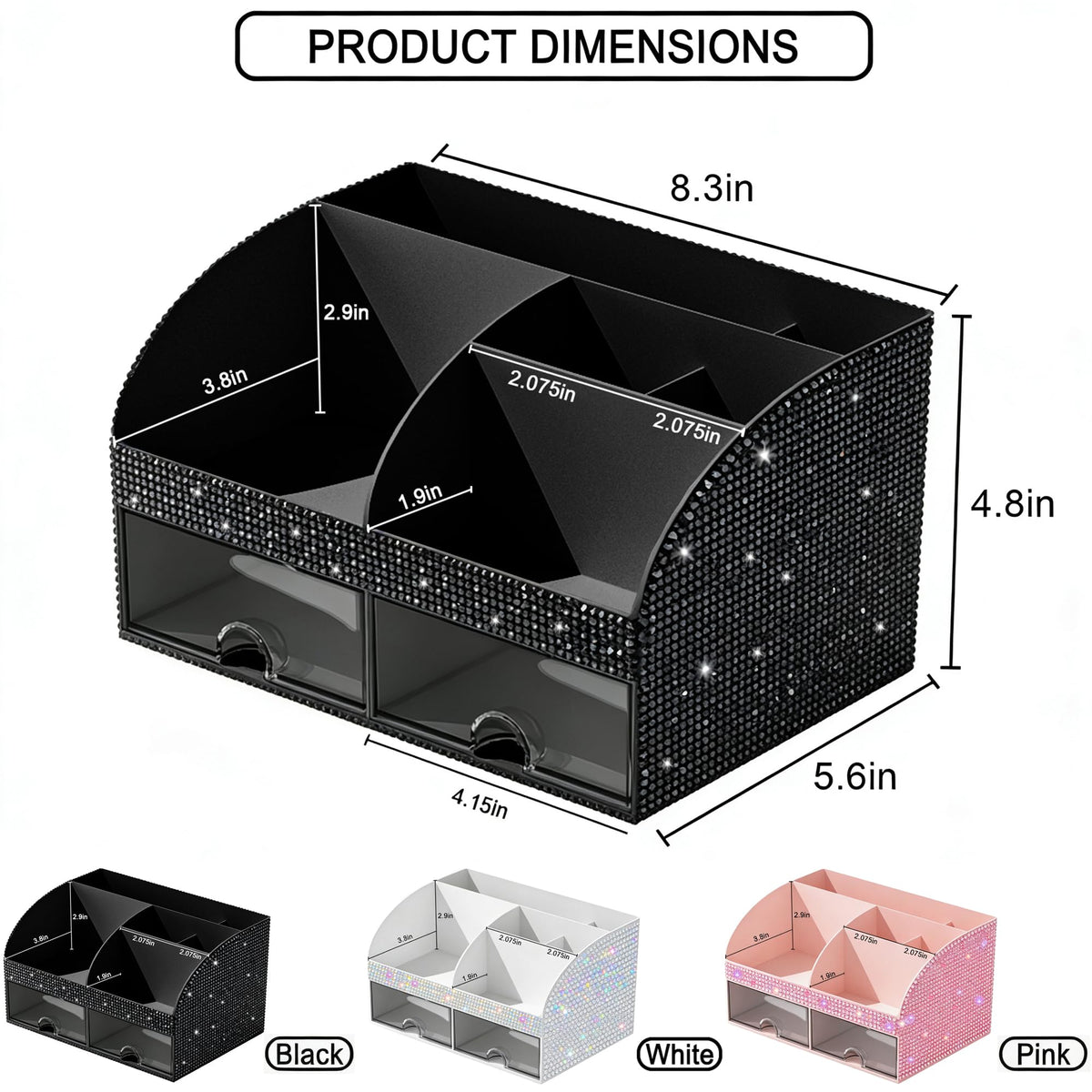 COMFYROOM Bling Makeup Organizer side view showing multiple compartments