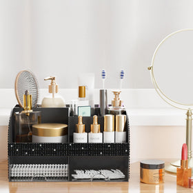 COMFYROOM Bling Makeup Organizer with drawers open displaying items