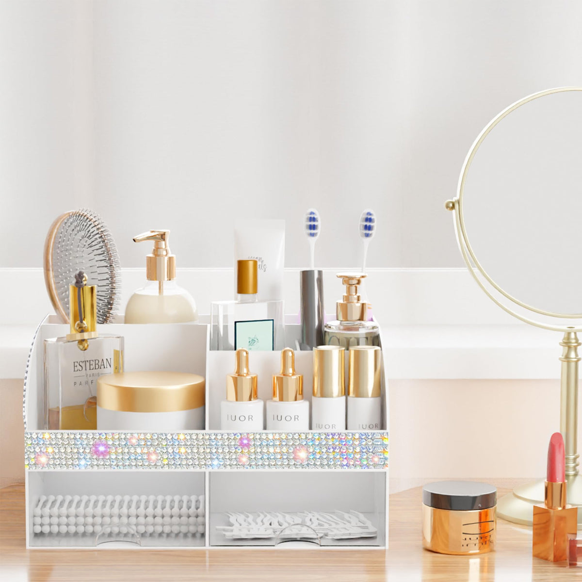COMFYROOM Makeup Organizer Bling White on bathroom counter