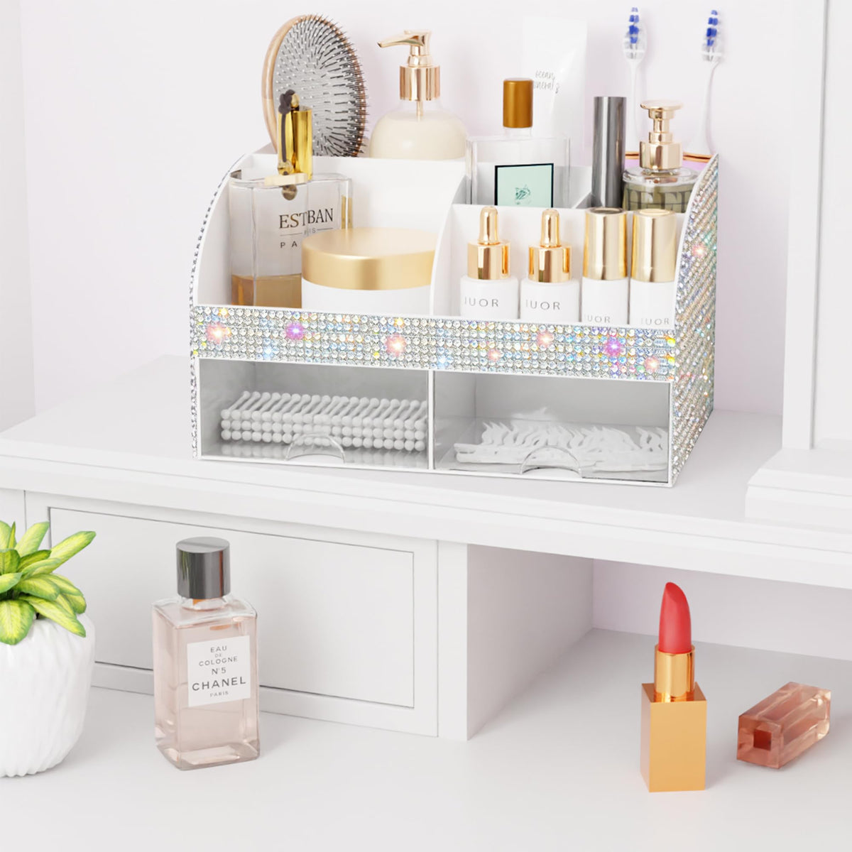COMFYROOM Makeup Organizer Bling White with makeup items