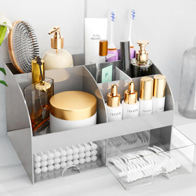 COMFYROOM Makeup Organizer Grey front view with multiple compartments