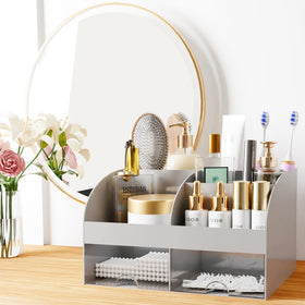 COMFYROOM Makeup Organizer Grey on bathroom countertop with cosmetics