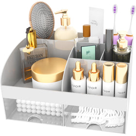 COMFYROOM Makeup Organizer Grey side view showcasing transparent drawers