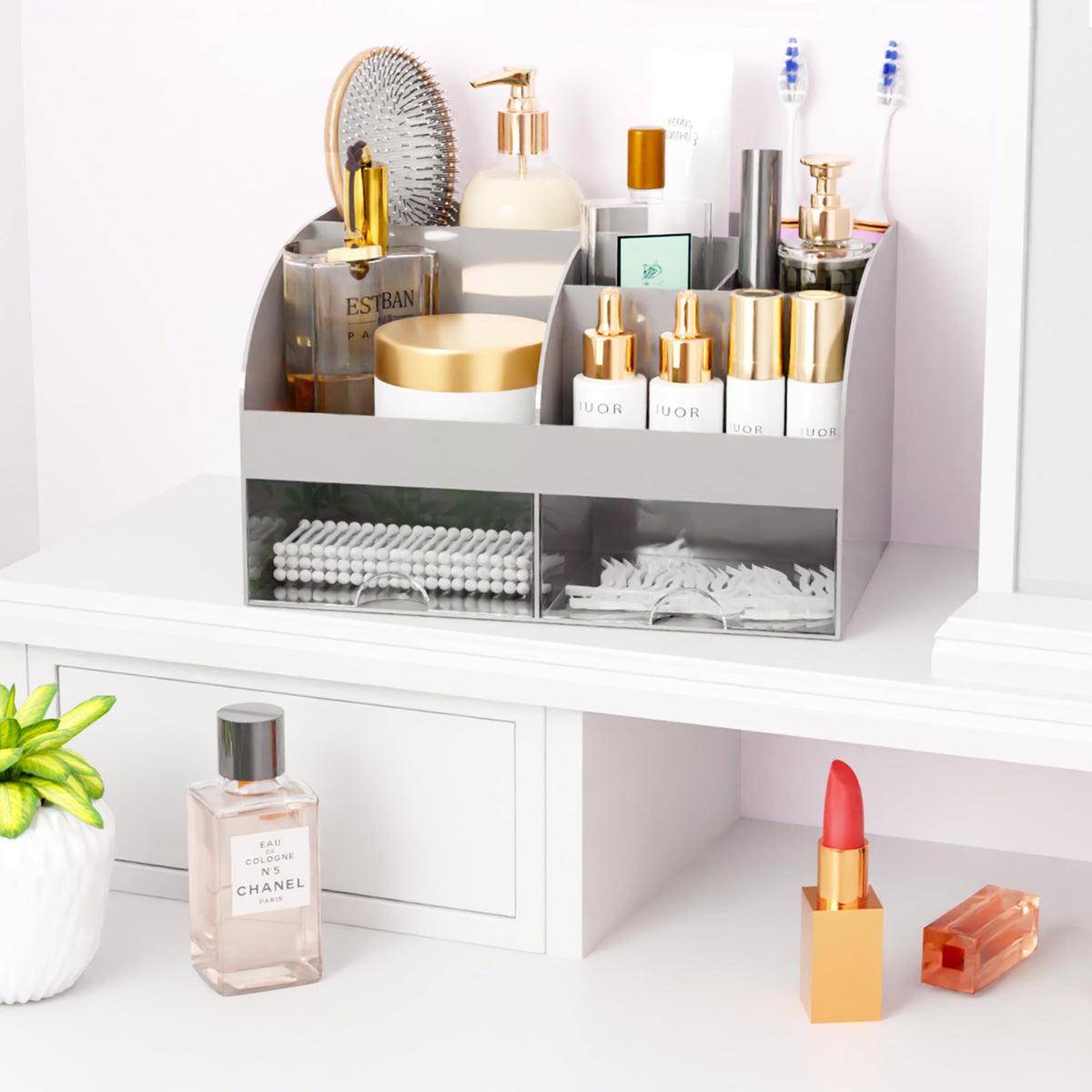 COMFYROOM Makeup Organizer Grey top view displaying sections