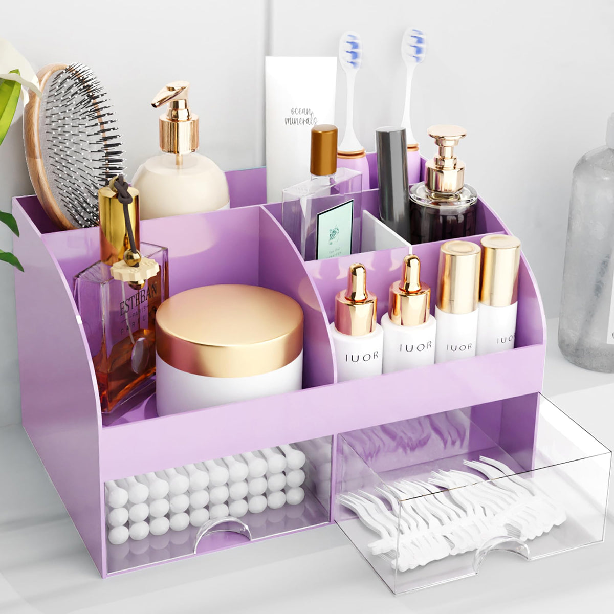 COMFYROOM purple makeup organizer front view with drawers