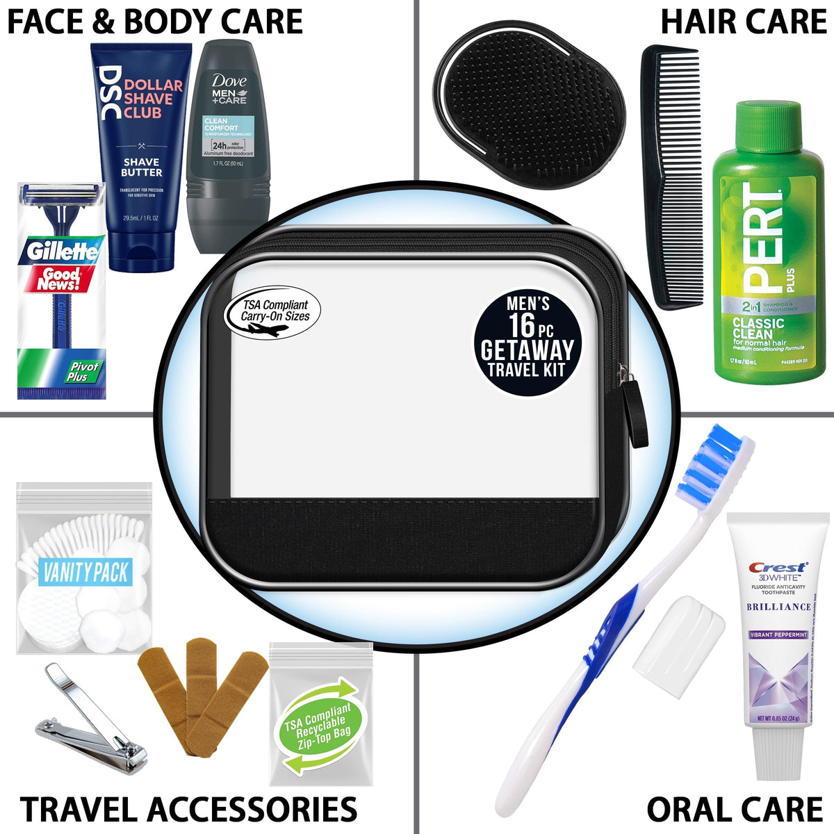 Compact toiletry bag with zipper containing grooming essentials