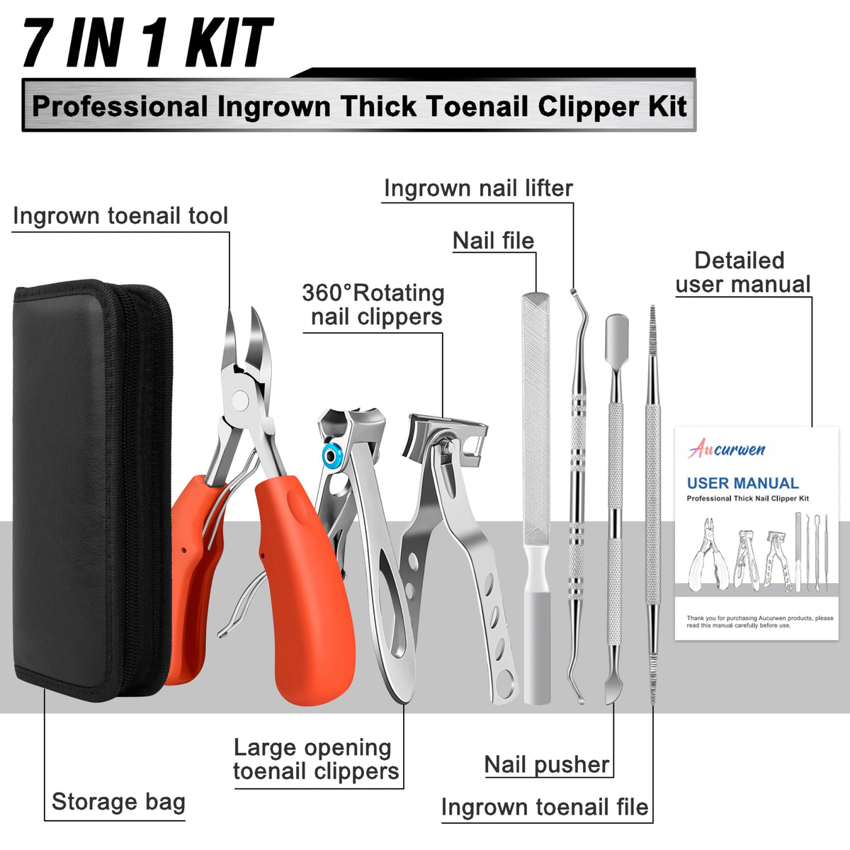 Complete 7-piece pedicure kit with storage bag