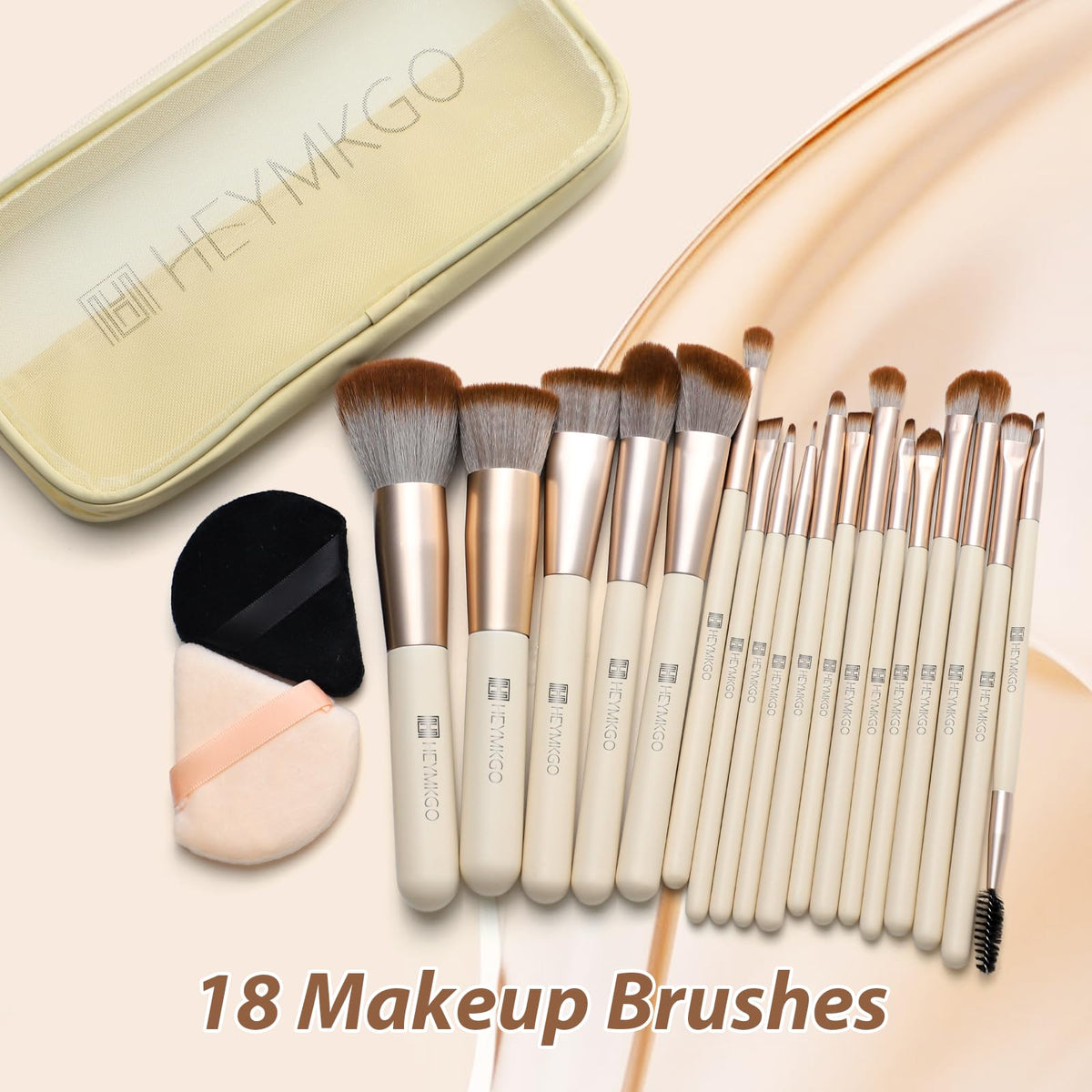 Complete HEYMKGO makeup brushes set on a vanity