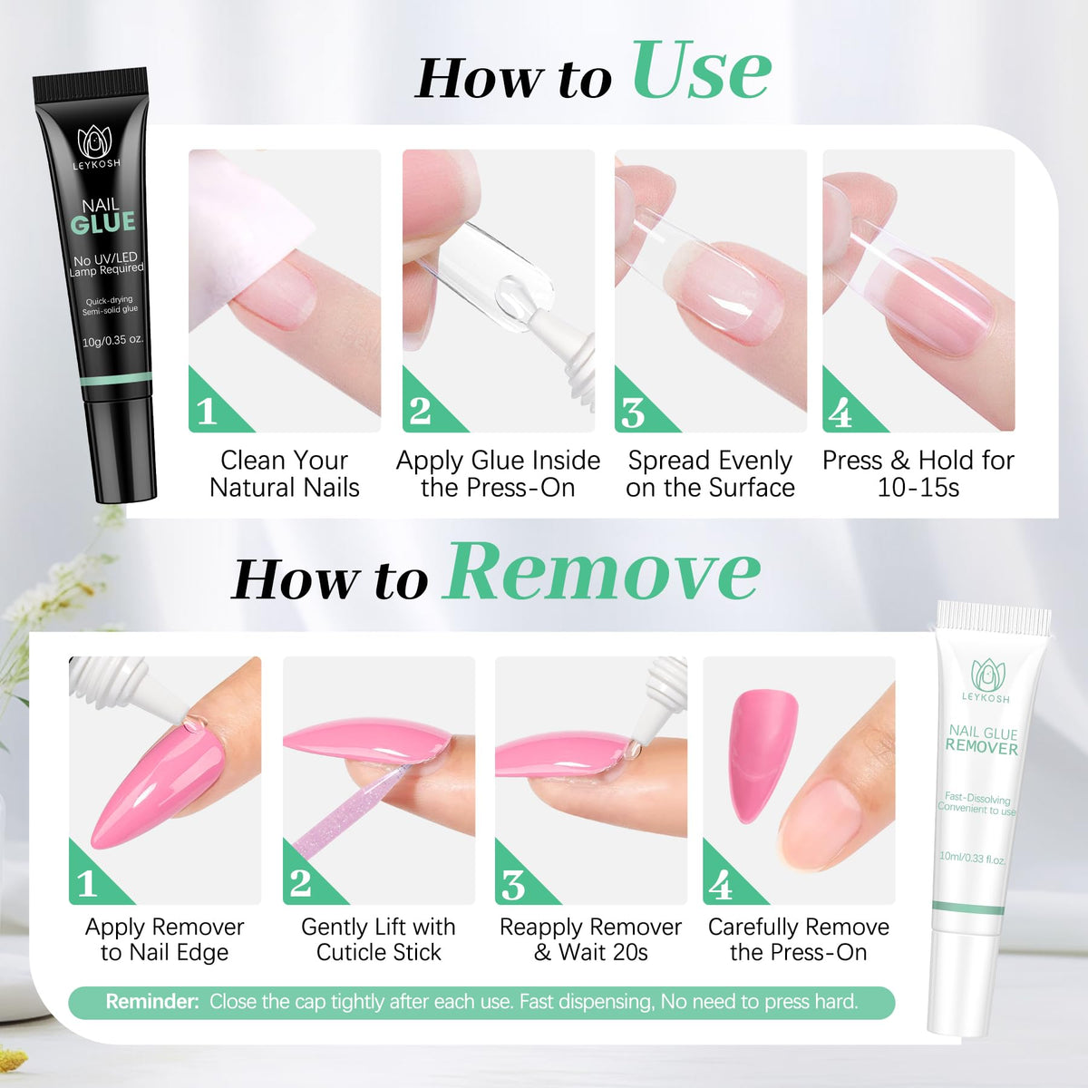 Complete LEYKOSH Nail Glue and Remover Set displayed on a table
