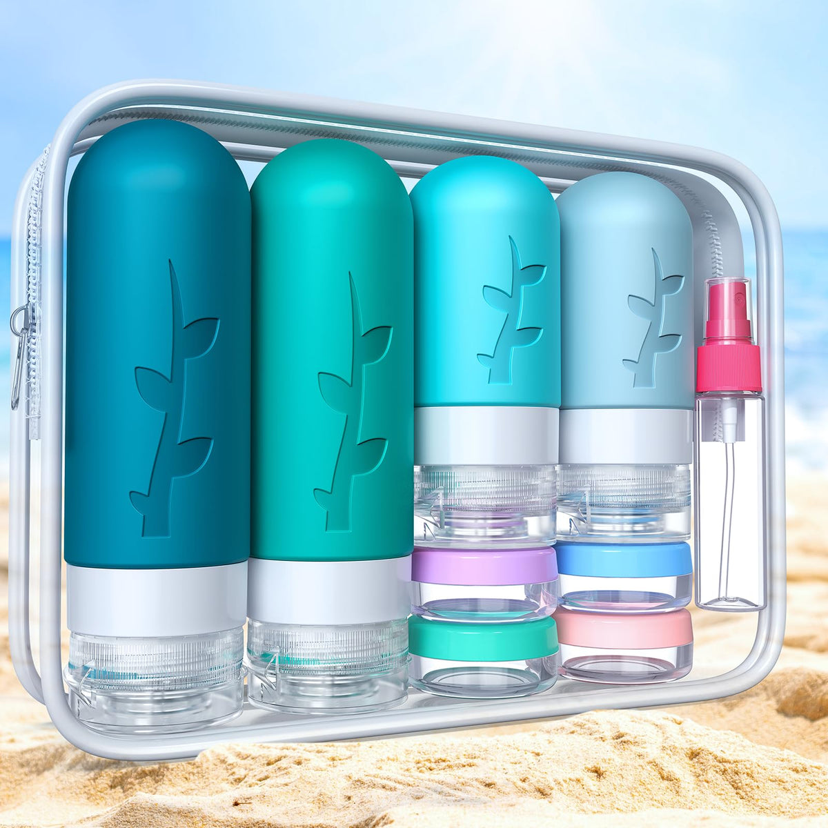 Complete travel bottles kit with accessories laid out