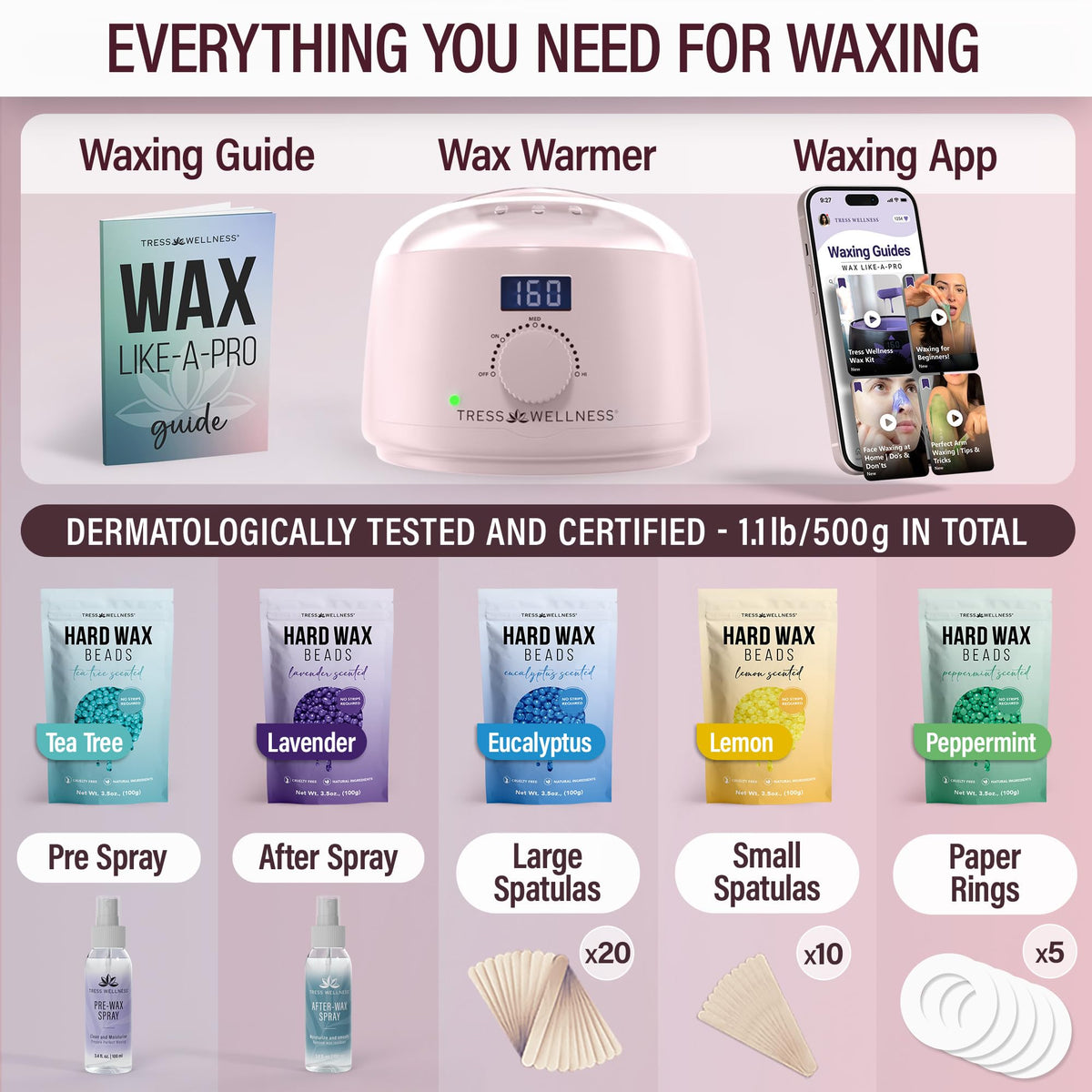 Components of Tress Wellness Waxing Kit including wax beads and sticks