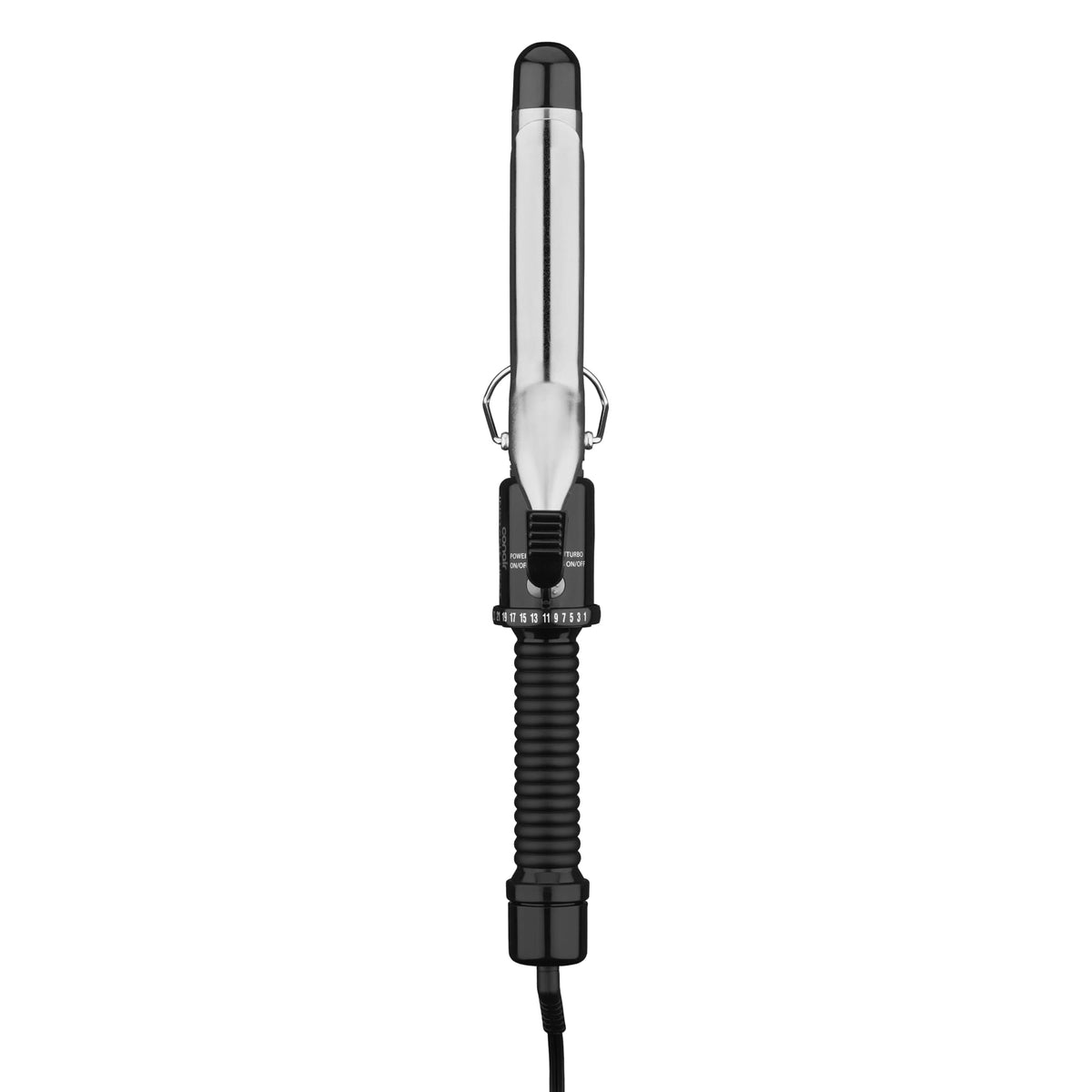 Conair 1-Inch Curling Iron front view with black and silver design