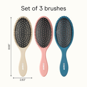 Conair detangling brush set in beige, navy, and coral on white background