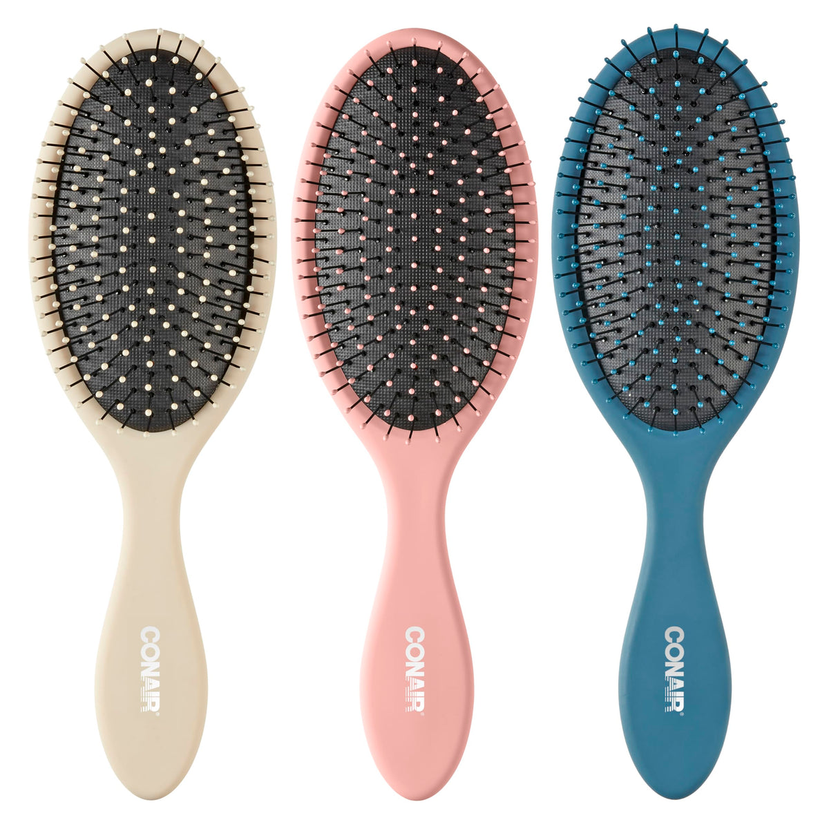 Conair Detangling Hair Brush Set three brushes in beige, navy, and coral