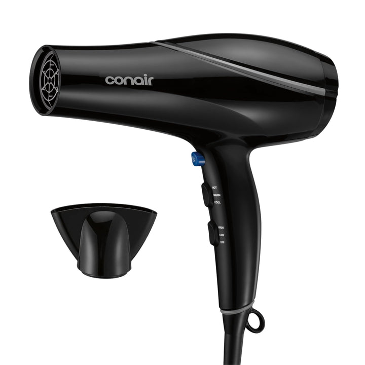 Conair Hair Dryer black model front view with concentrator attachment