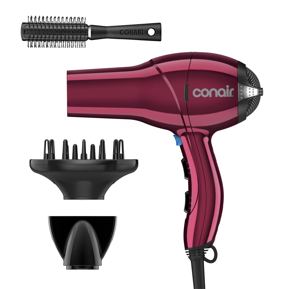 Conair Hair Dryer front view in burgundy with diffuser and concentrator
