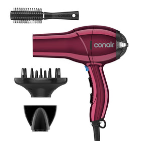 Conair Hair Dryer front view in burgundy with diffuser and concentrator