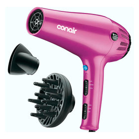 Conair Hair Dryer front view in pink with concentrator and diffuser