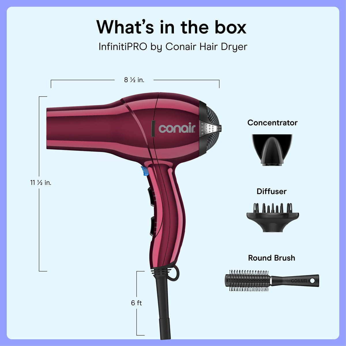 Conair Hair Dryer packaging showing included attachments