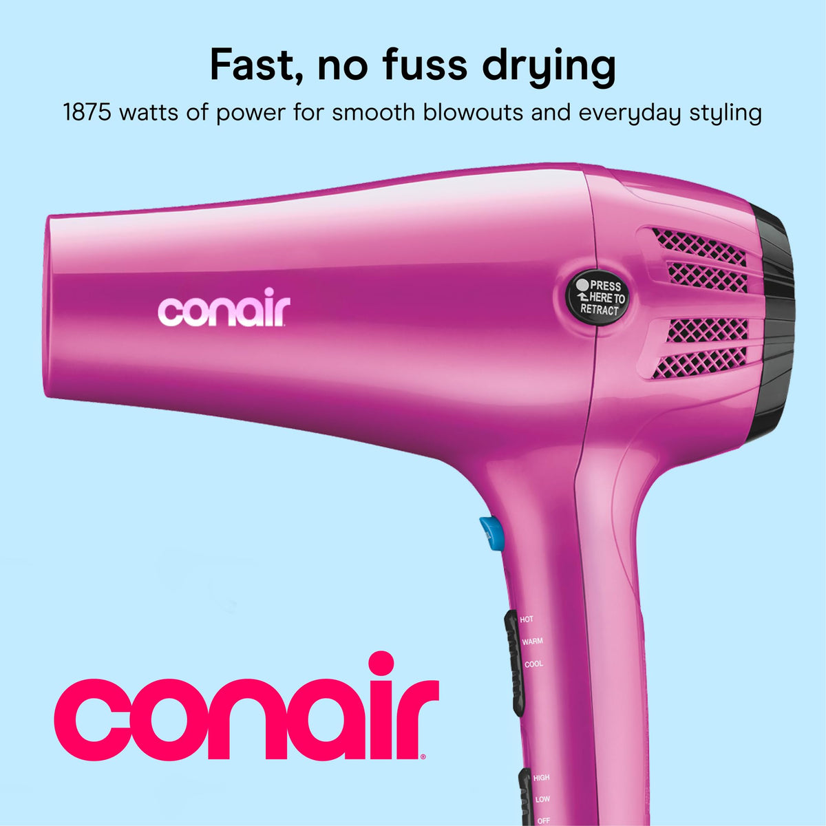 Conair Hair Dryer side view showcasing the retractable cord