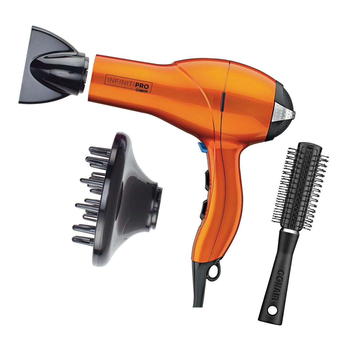 Conair Infiniti PRO Hair Dryer front view with diffuser and concentrator