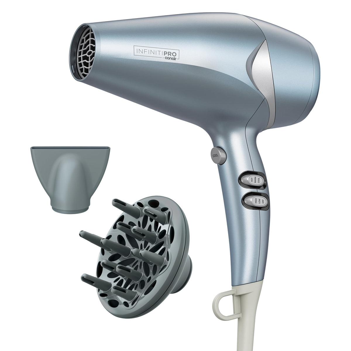 Conair InfinitiPRO Hair Dryer front view with diffuser attached
