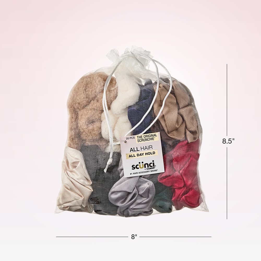 Conair Satin Scrunchies in a reusable mesh drawstring bag