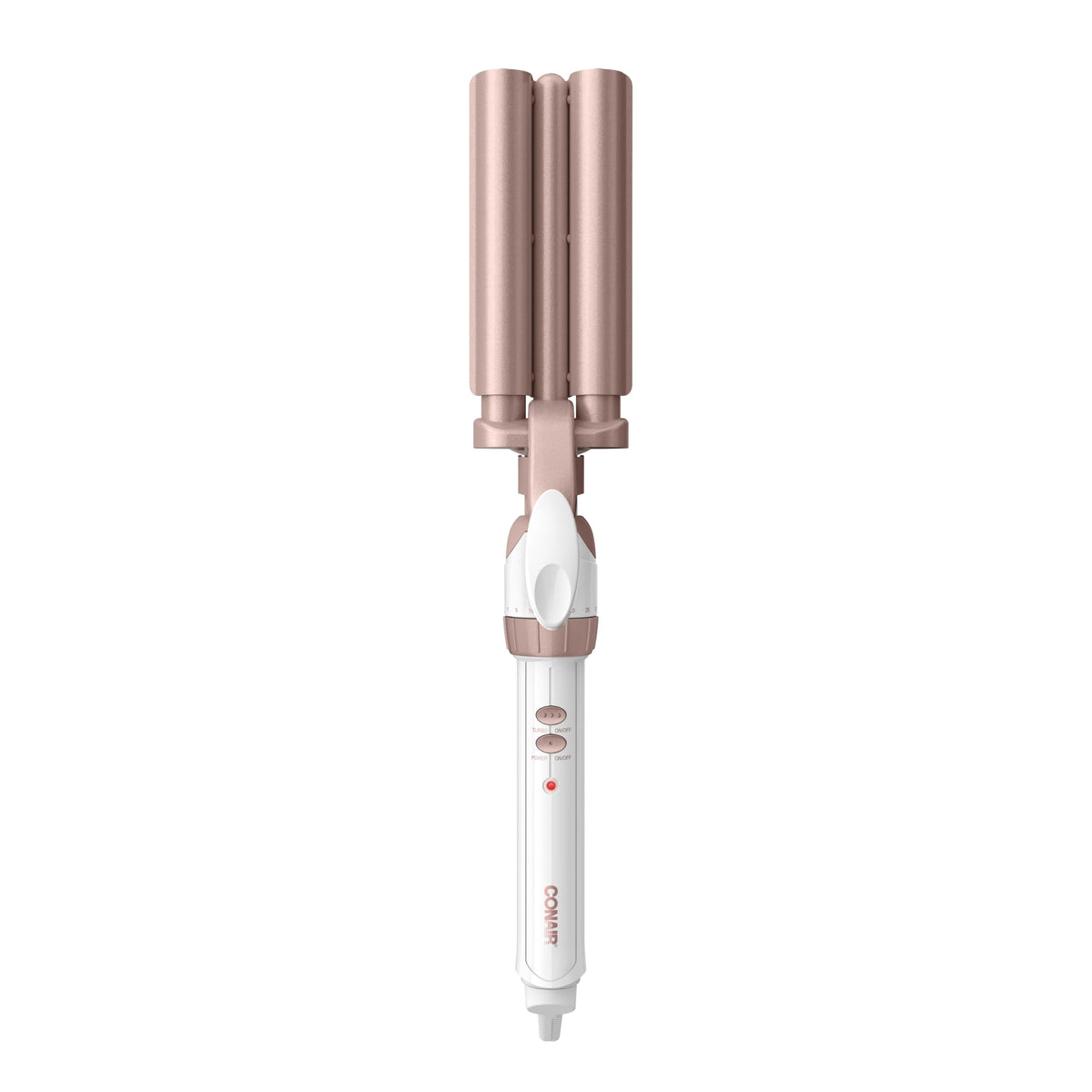 Conair Triple Barrel Curling Iron front view with white and rose gold design