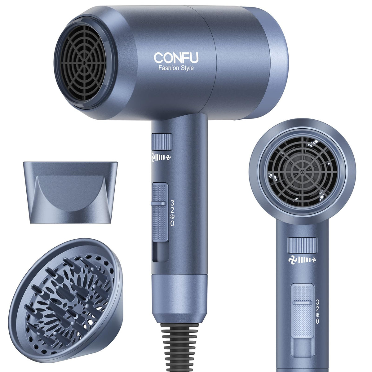 CONFU Hair Dryer front view with diffuser and concentrator
