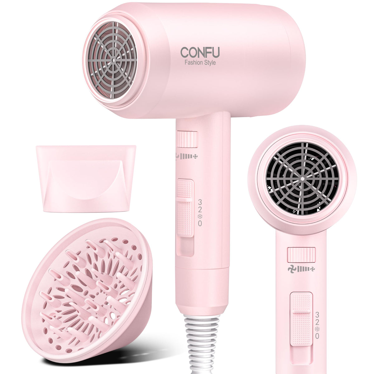 CONFU Hair Dryer front view with diffuser attachment