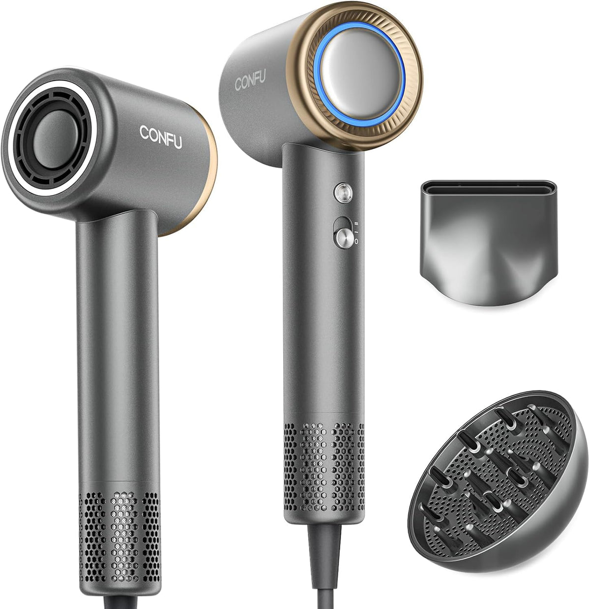 CONFU Hair Dryer front view with diffuser attachment