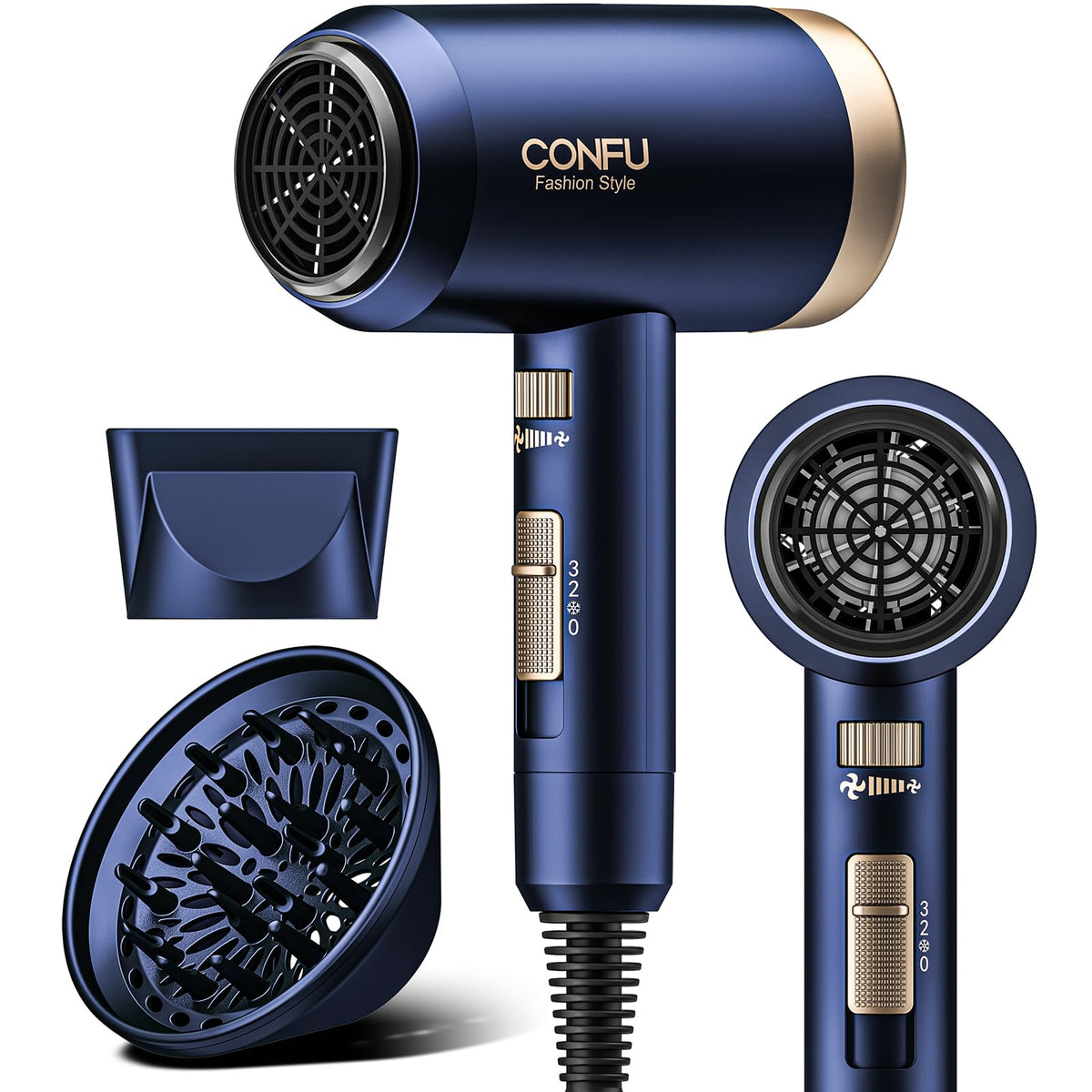 CONFU Hair Dryer front view with diffuser attachment