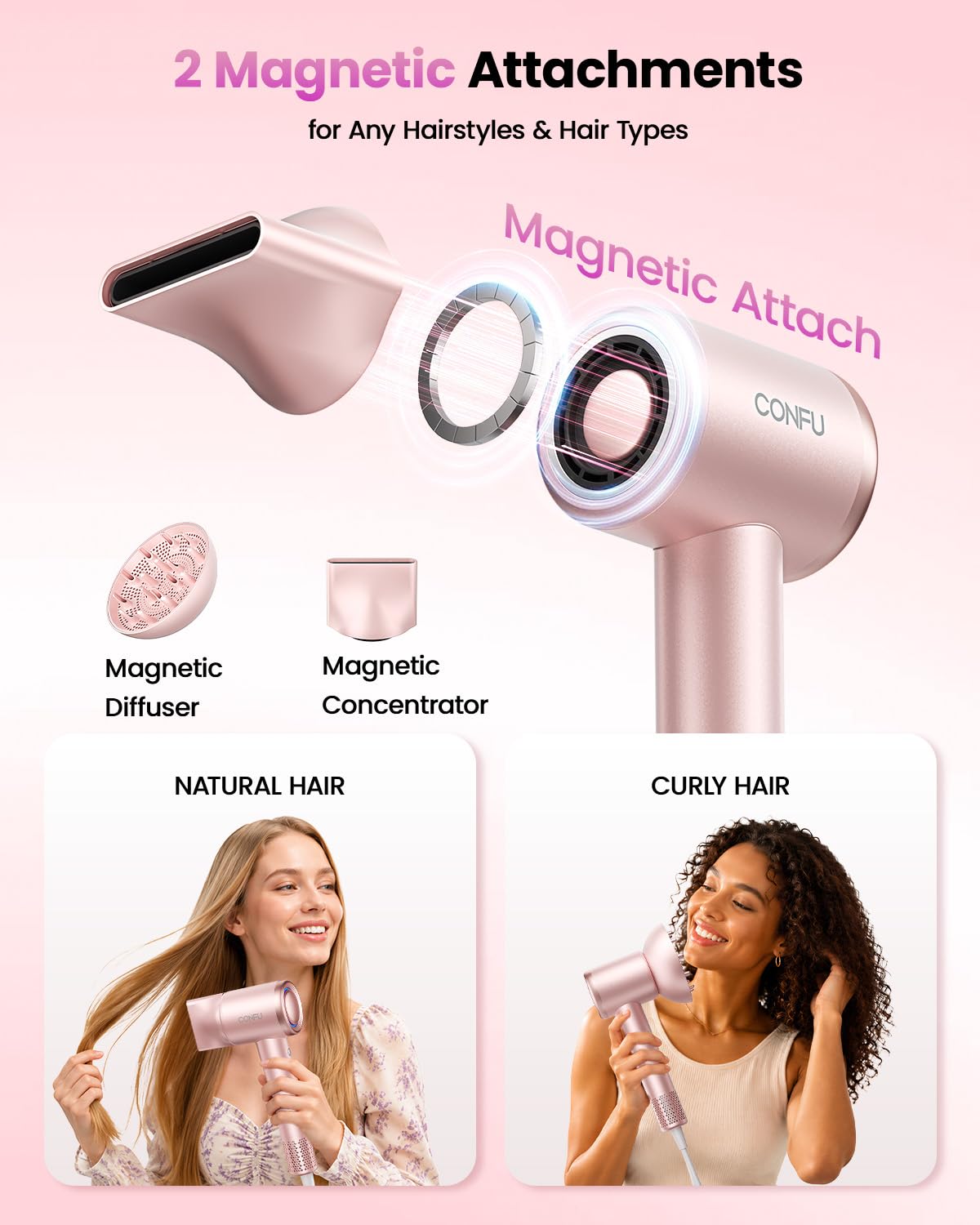 CONFU Hair Dryer magnetic attachments close-up