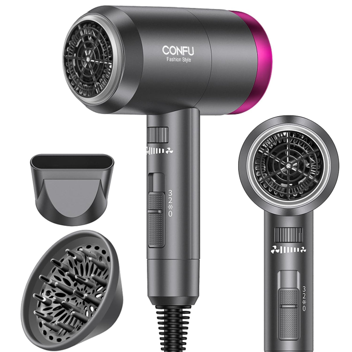 CONFU Ionic Blow Dryer 1600W front view with concentrator nozzle