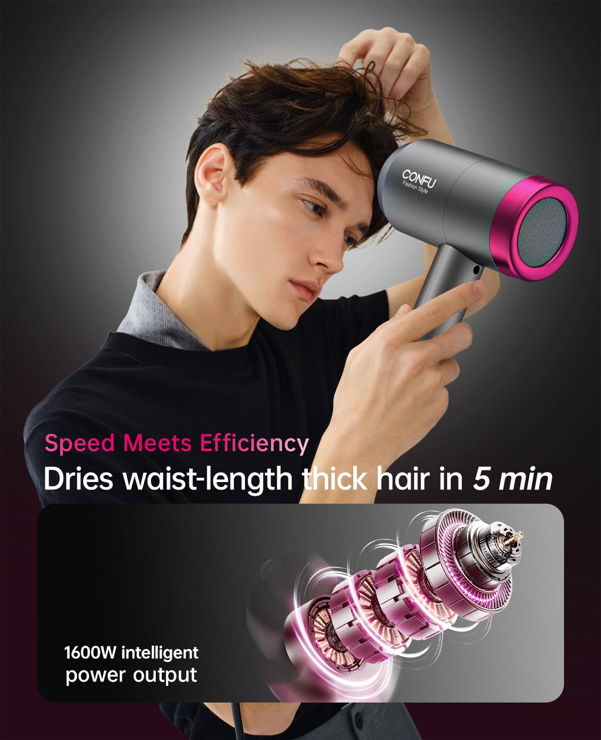 CONFU Ionic Blow Dryer 1600W side view showing temperature slide adjustment