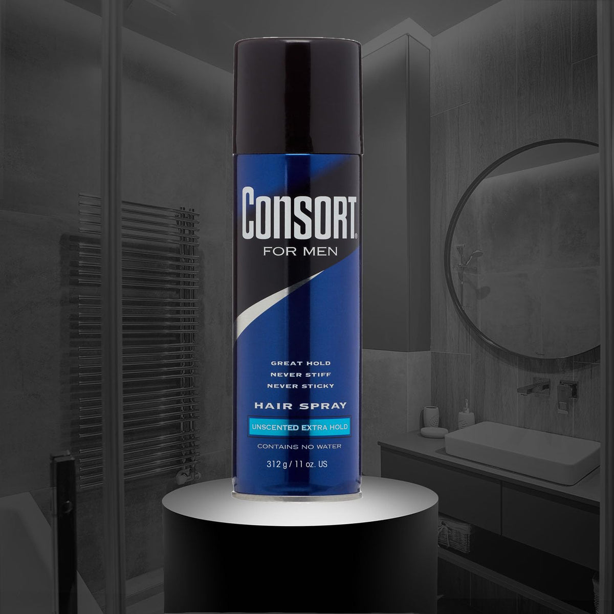 Consort Extra Hold Hair Spray 3 Pack displayed on a vanity