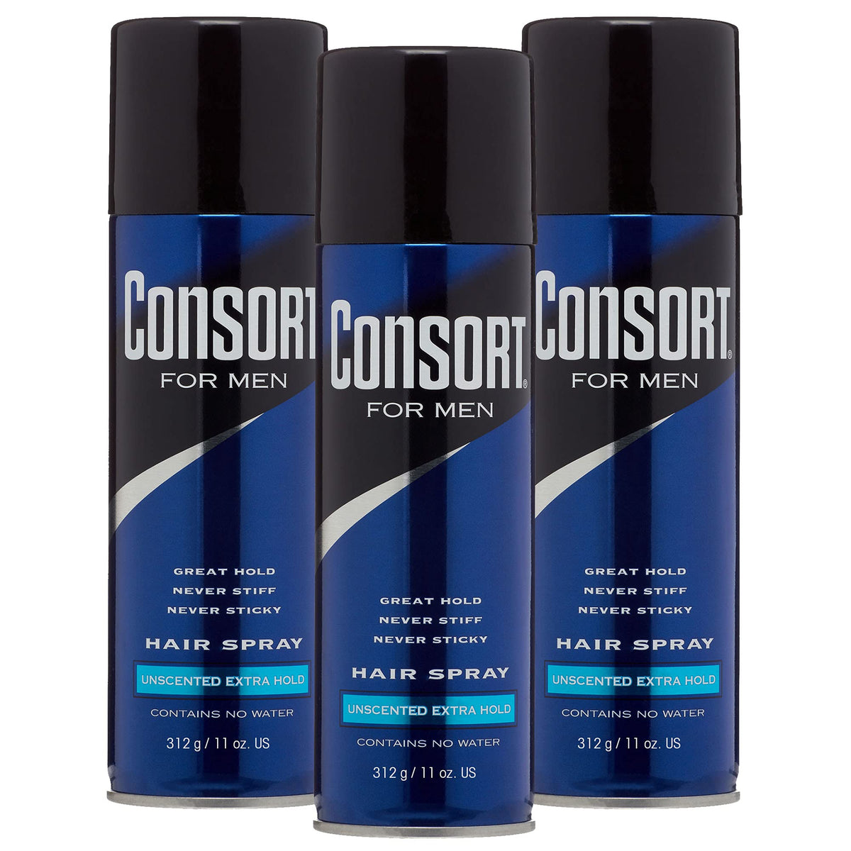 Consort Extra Hold Hair Spray 3 Pack front view, unscented, 11 oz