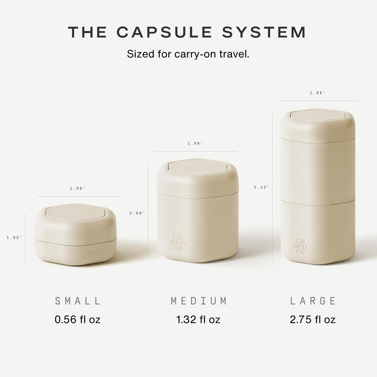 Containers from Cadence capsule set arranged on a bathroom counter
