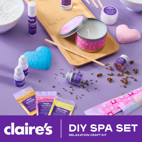 Contents of Claire's DIY Bath Bomb & Candle Making Set including ingredients and tools