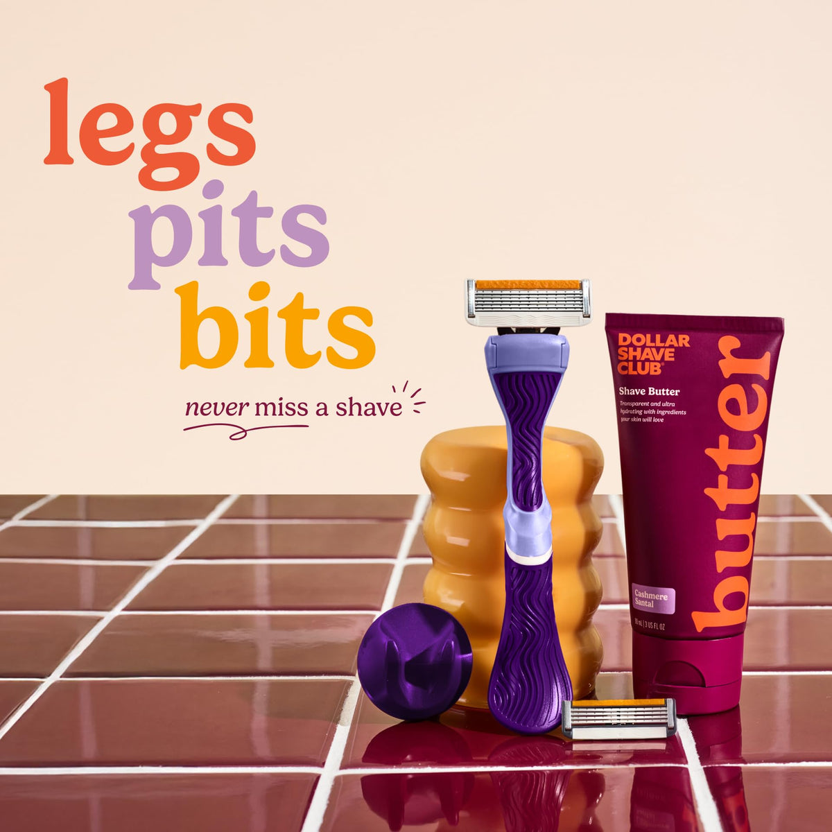 Contents of Dollar Shave Club Women's Premium Shave Kit laid out