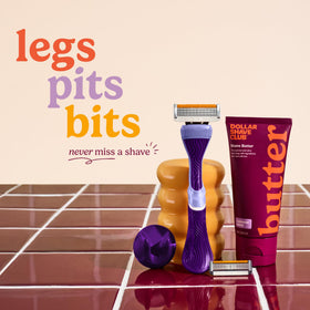 Contents of Dollar Shave Club Women's Premium Shave Kit laid out