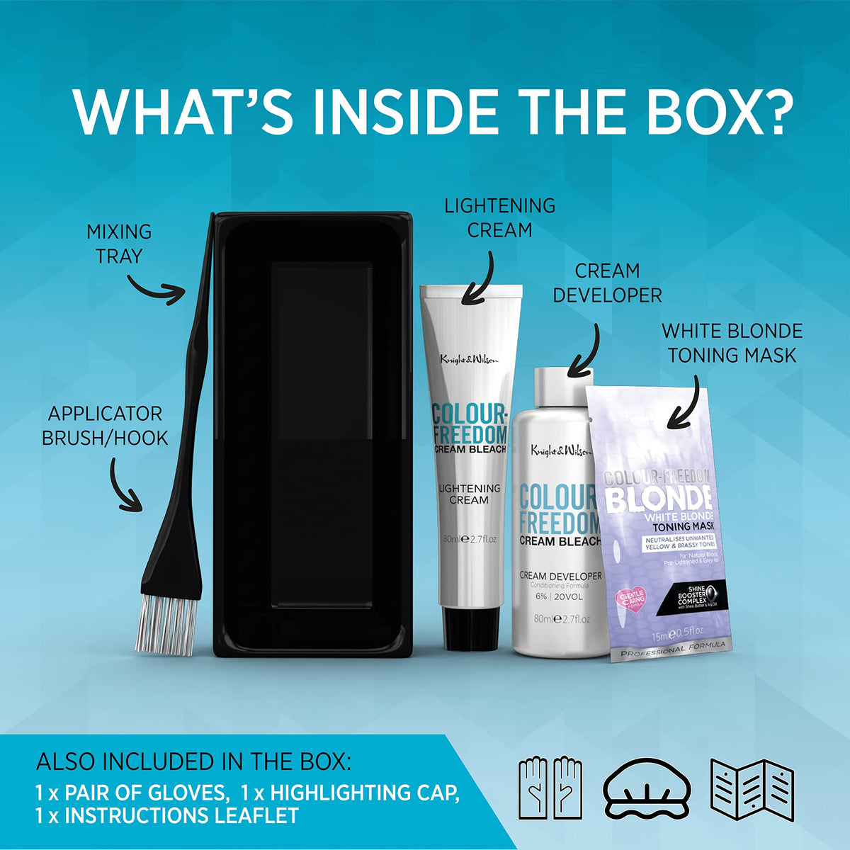 Contents of Knight & Wilson Hair Bleach Kit including gloves and cap