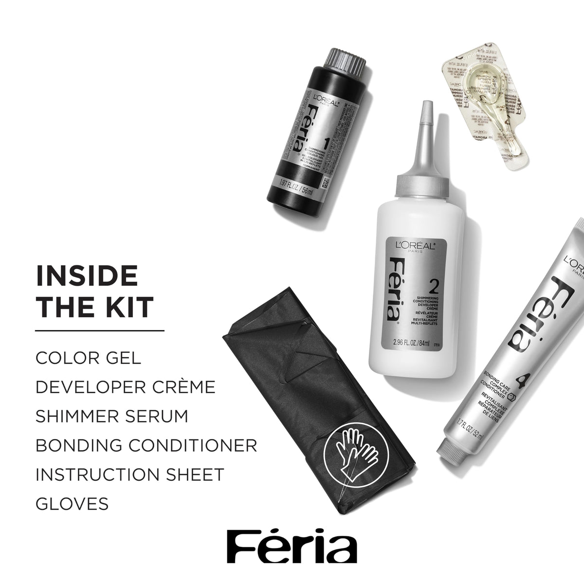 Contents of L'Oreal Paris Feria hair dye kit including developer and conditioner