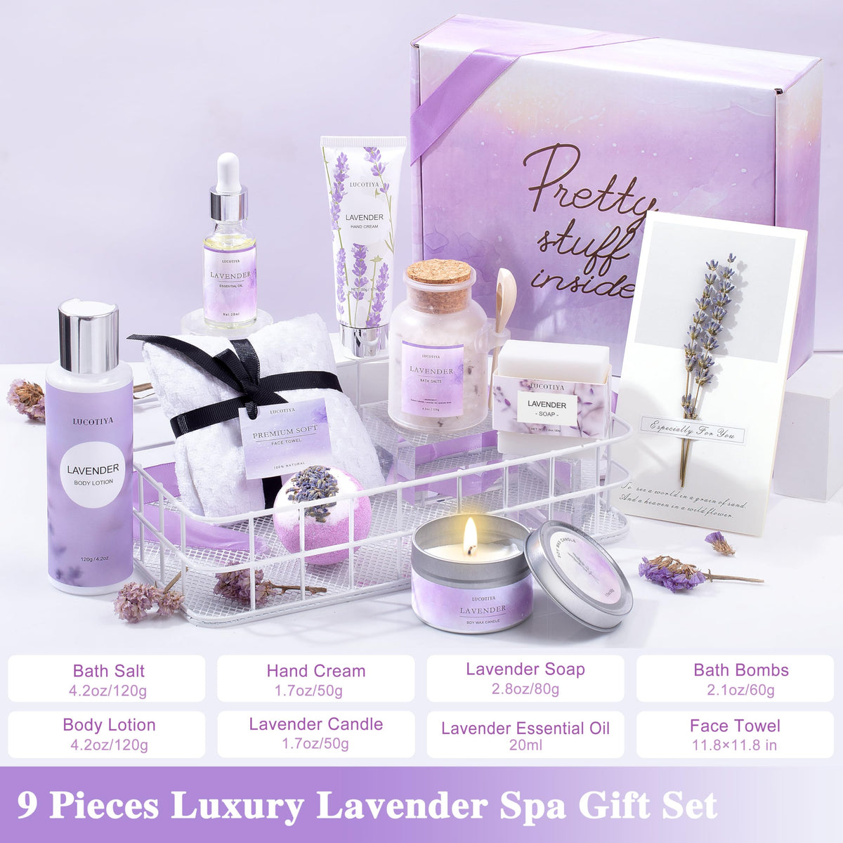 Contents of LUCOTIYA Lavender Spa Gift Basket including bath salt and lotion