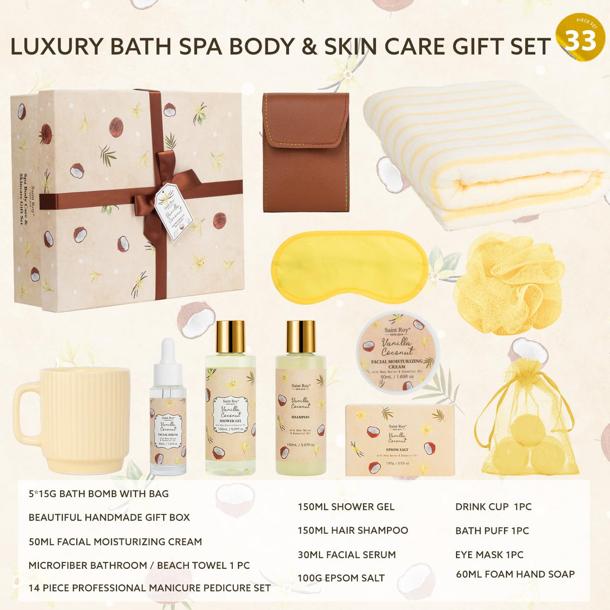 Contents of Saint Roy Coconut Vanilla Spa Bath Gift Basket laid out