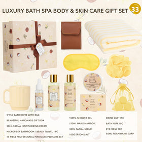 Contents of Saint Roy Coconut Vanilla Spa Bath Gift Basket laid out