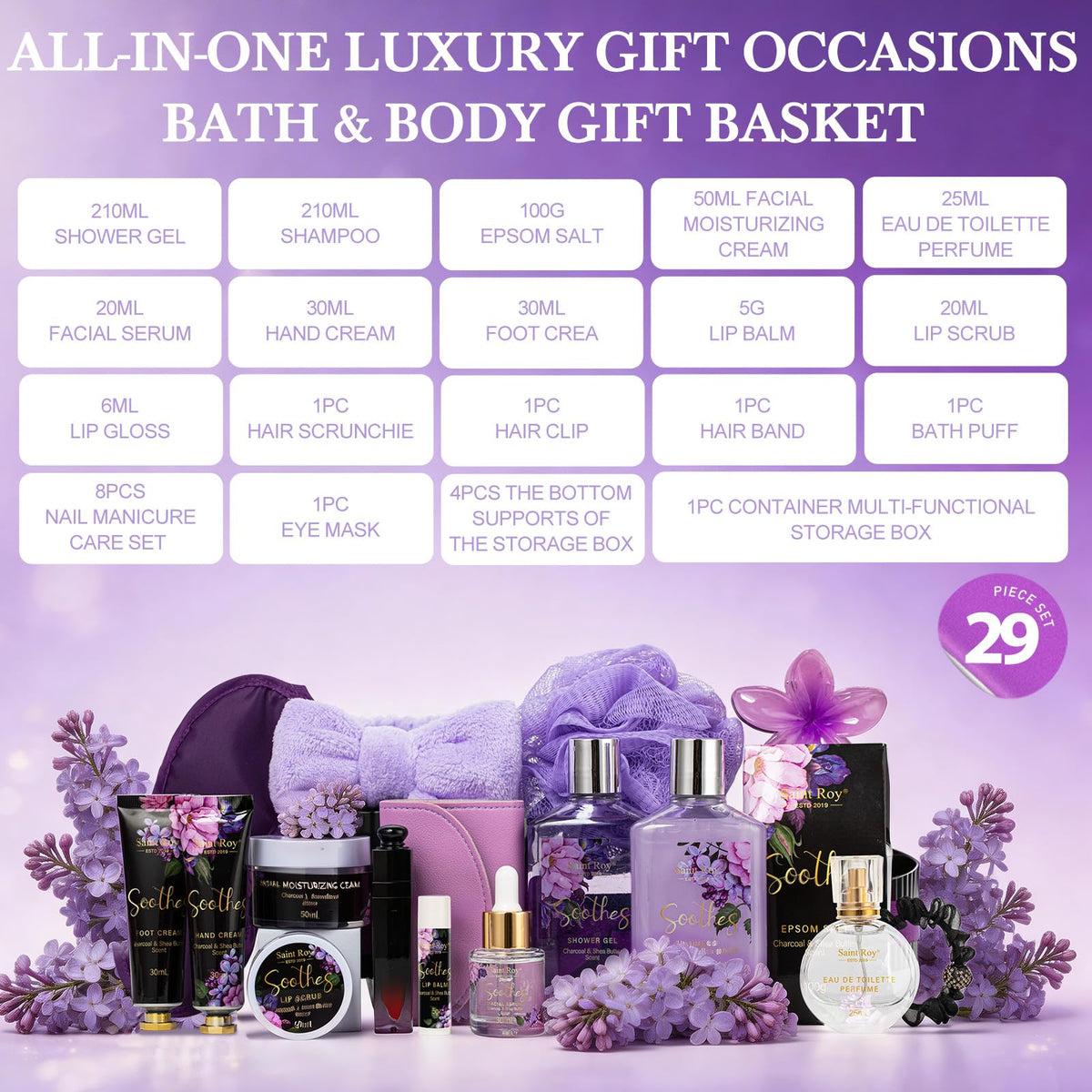 Contents of Saint Roy Spa Kit including Shower Gel and Epsom Salt