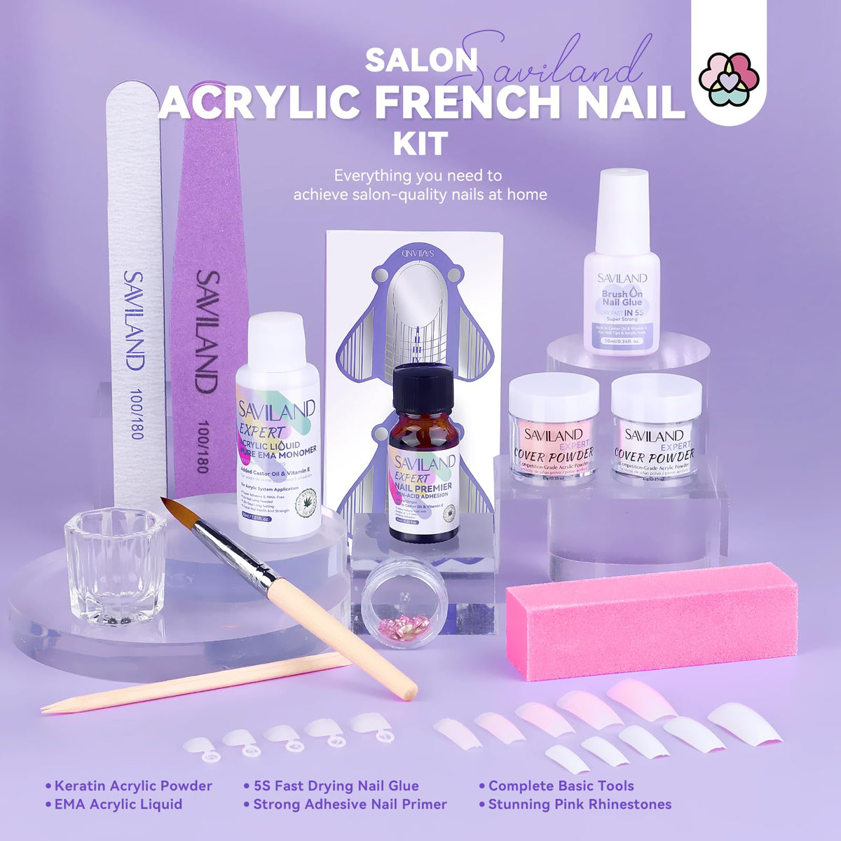 Contents of SAVILAND Acrylic Nail Kit including powders and tools