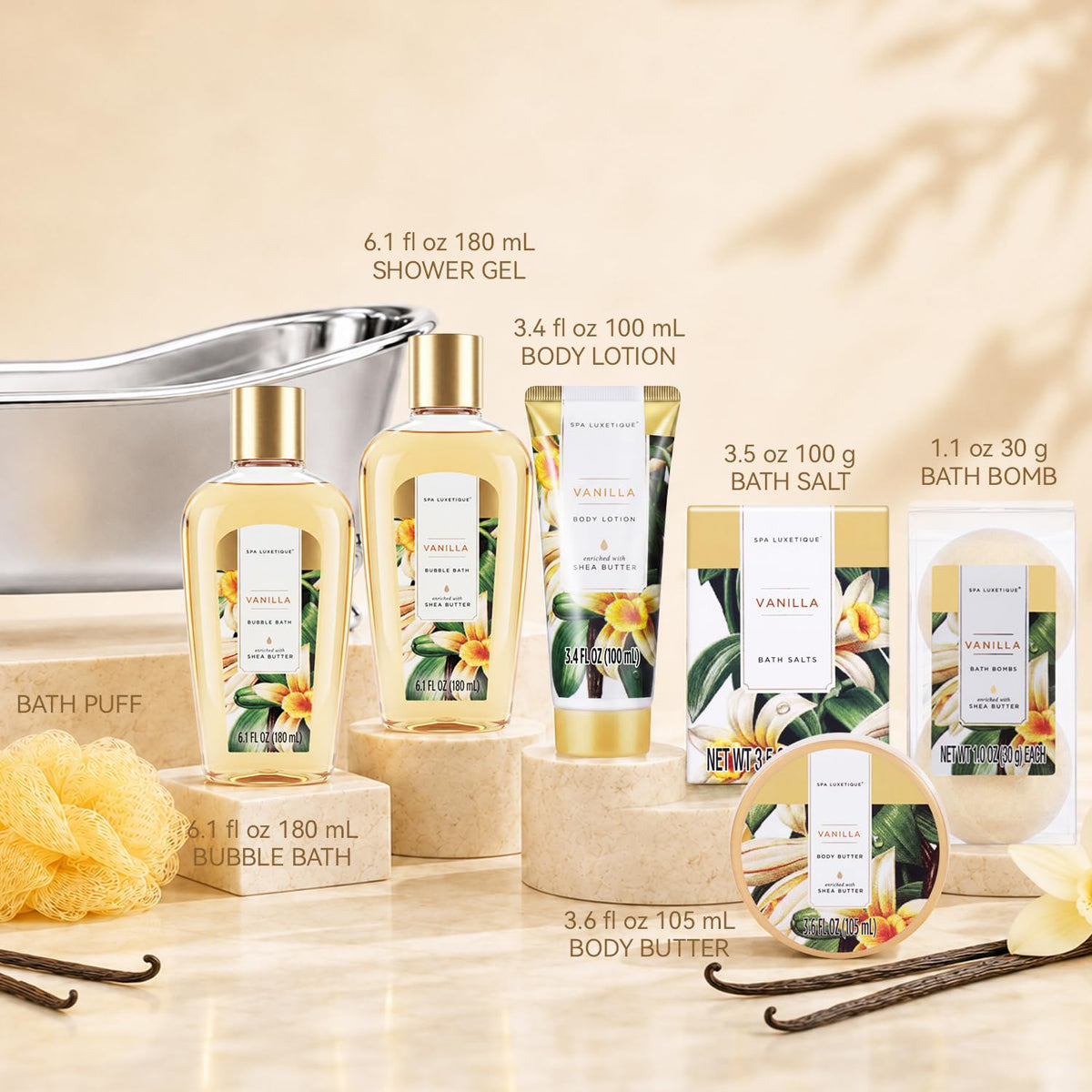 Contents of Spa Luxetique Vanilla Spa Gift Set including bath bombs and lotion