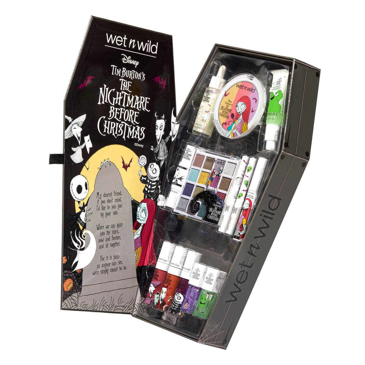 contents of the wet n wild Nightmare Before Christmas PR Box including makeup products
